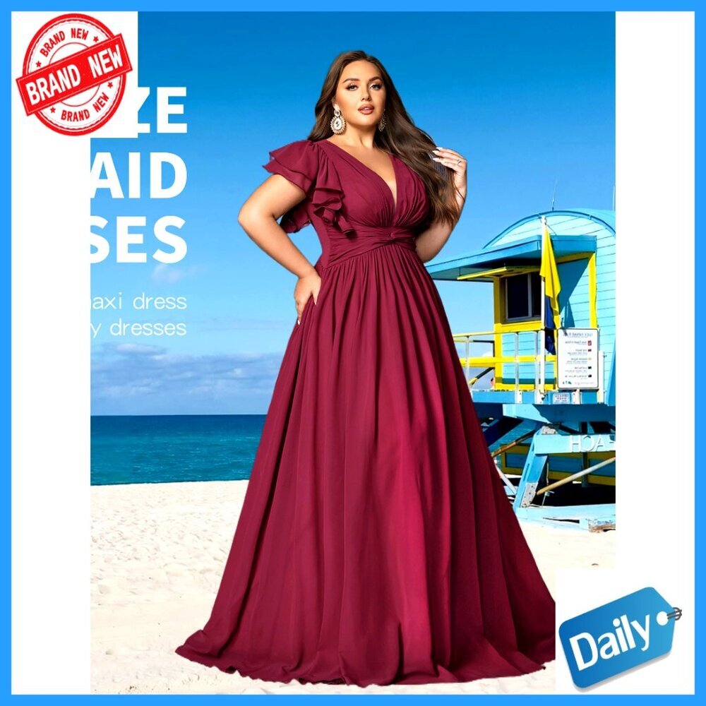 Chiffon Maxi Dress Elegant Formal Evening Party Gown V Neck Ruffle Sleeve - Picture 7 of 7